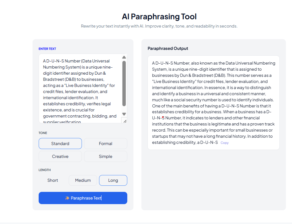 AI Paraphrasing Tool Interface