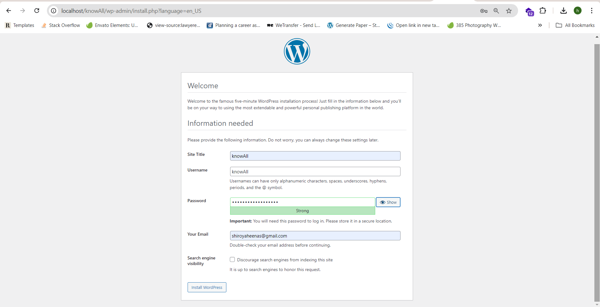 install wordpress Site Info